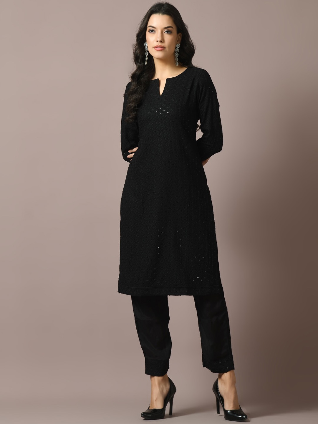 

Sangria Embroidered Sequined Pure Cotton Straight Kurta & Trousers, Black