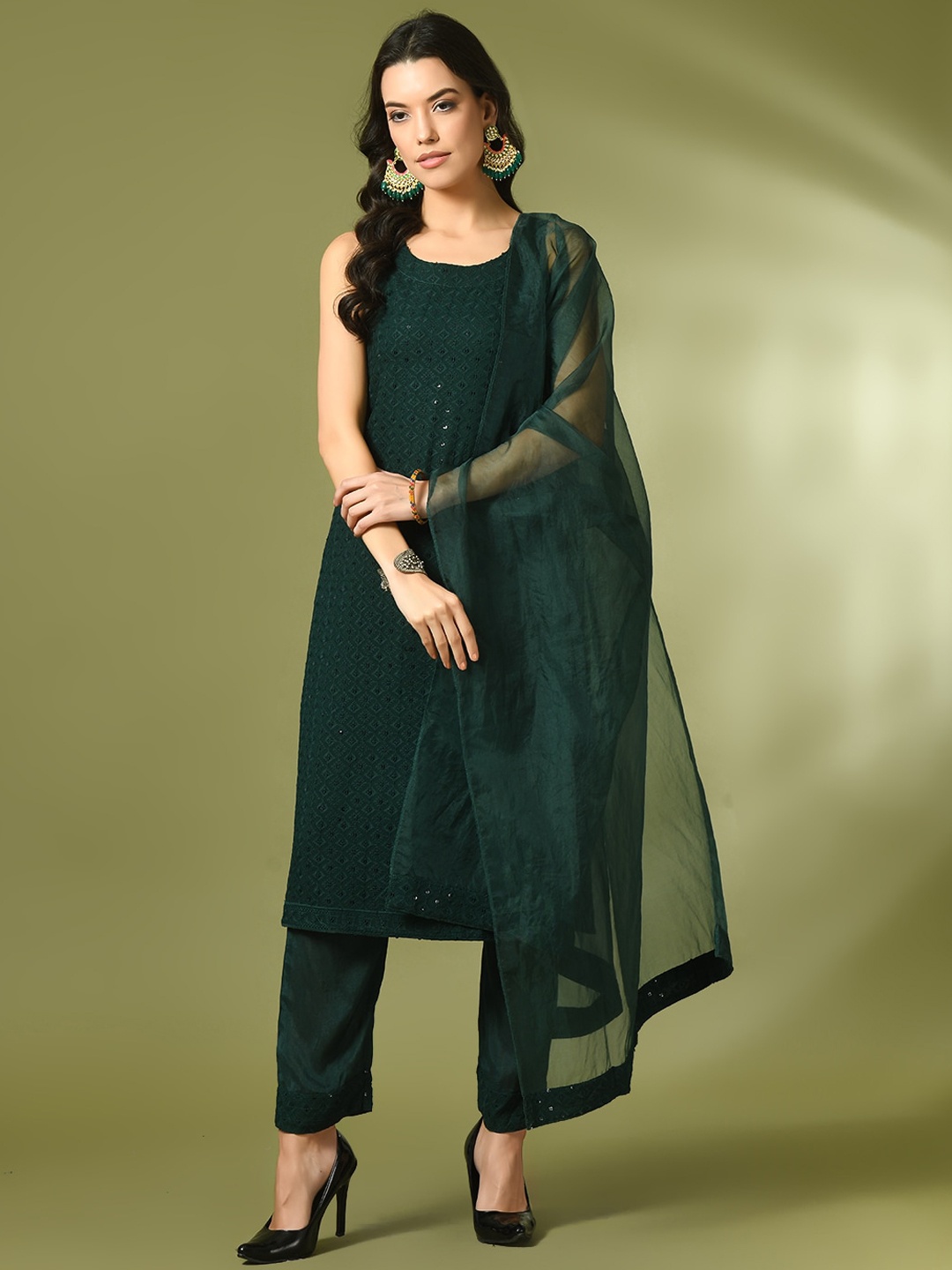 

Sangria Embroidered Sequined Pure Cotton Kurta With Trousers & Dupatta, Green