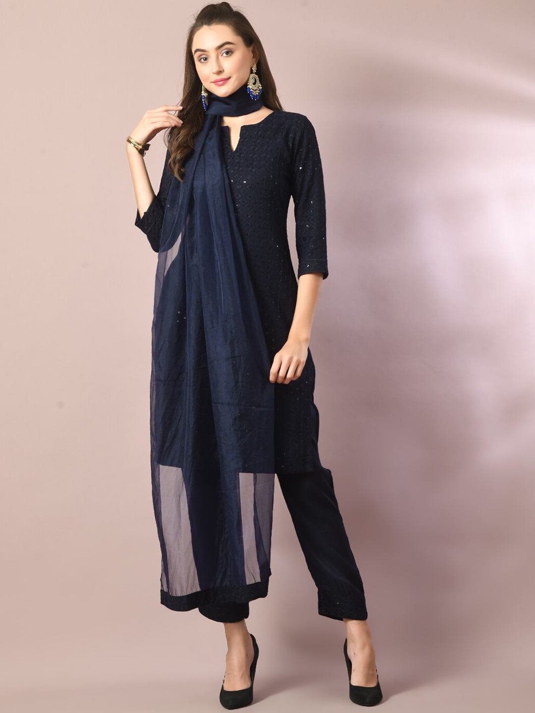 

Sangria Ethnic Motifs Embroidered Sequined Pure Cotton Kurta With Trousers & Dupatta, Navy blue