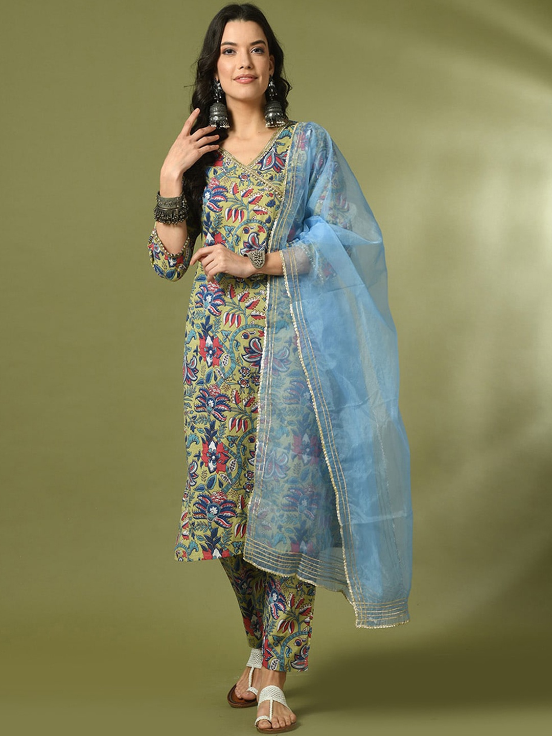 

Sangria Floral Printed Cotton Straight Angrakha Kurta With Trousers & Dupatta, Green