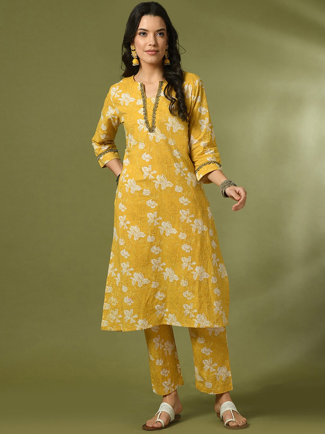 

Sangria Floral Printed Cotton Straight Kurta With Trousers & Dupatta, Yellow