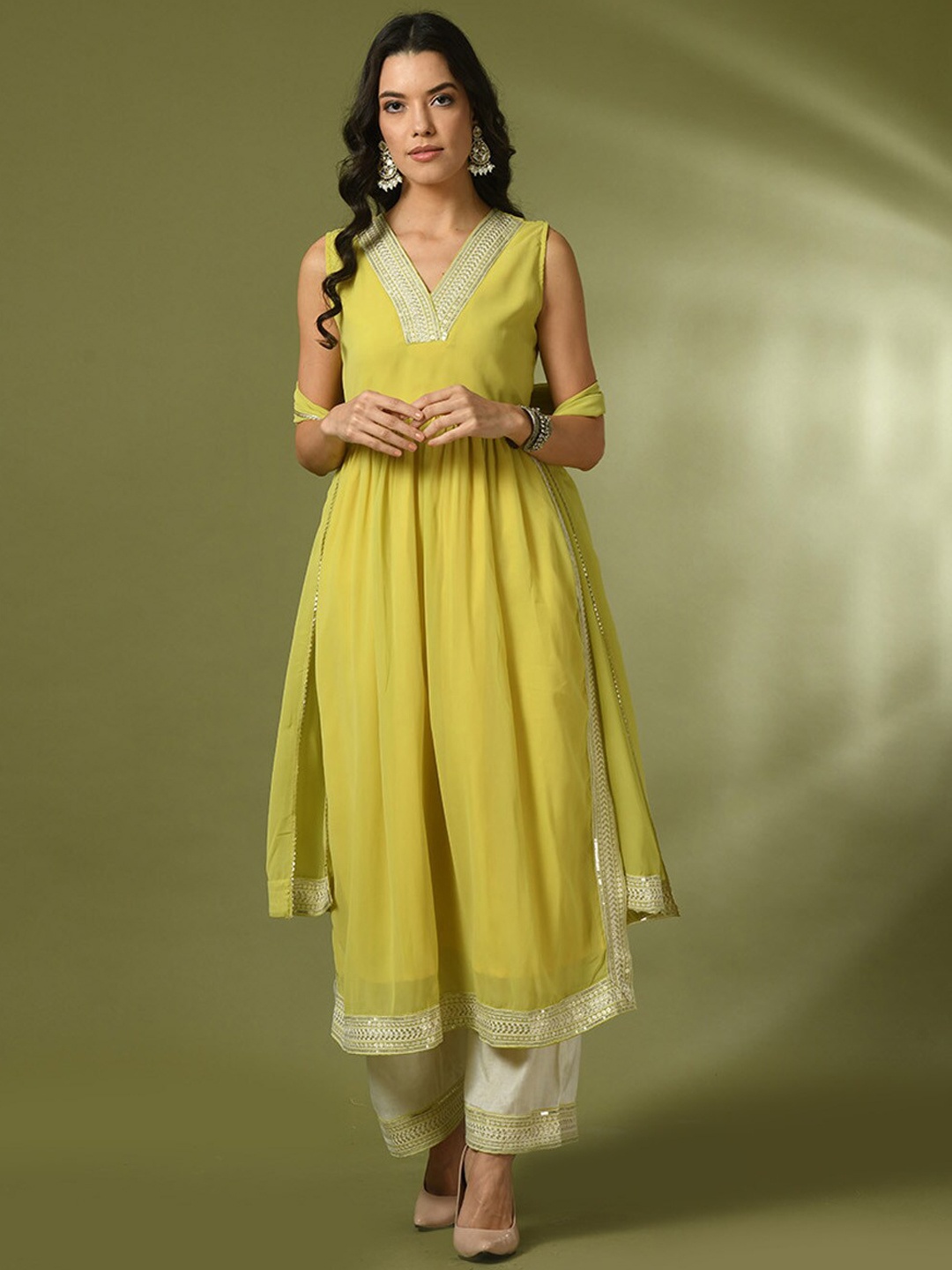 Sangria Sequined V-Neck A-Line Kurta & Trousers & Dupatta, Yellow