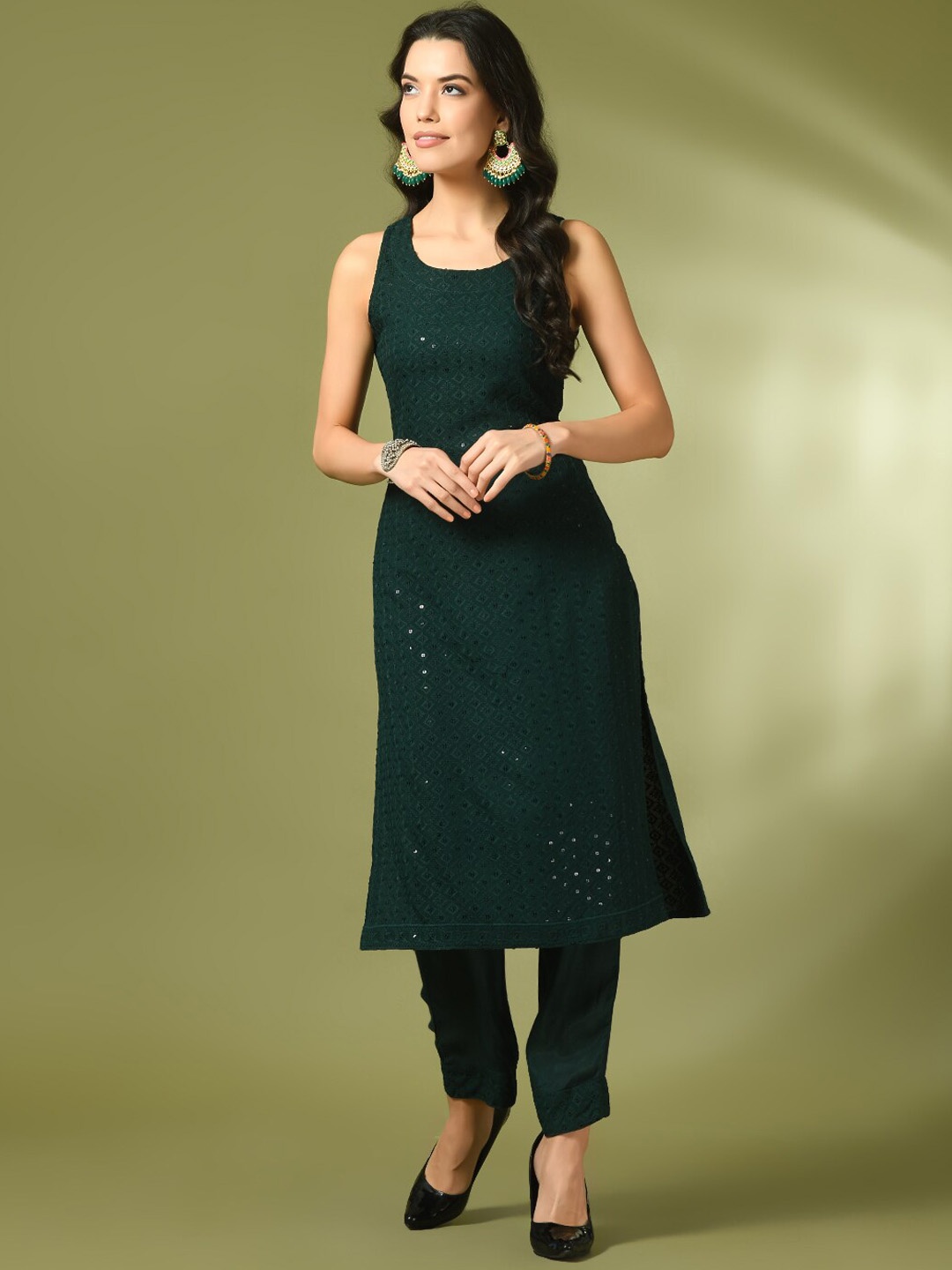 

Sangria Embroidered Sequined Pure Cotton Kurta With Trousers, Green