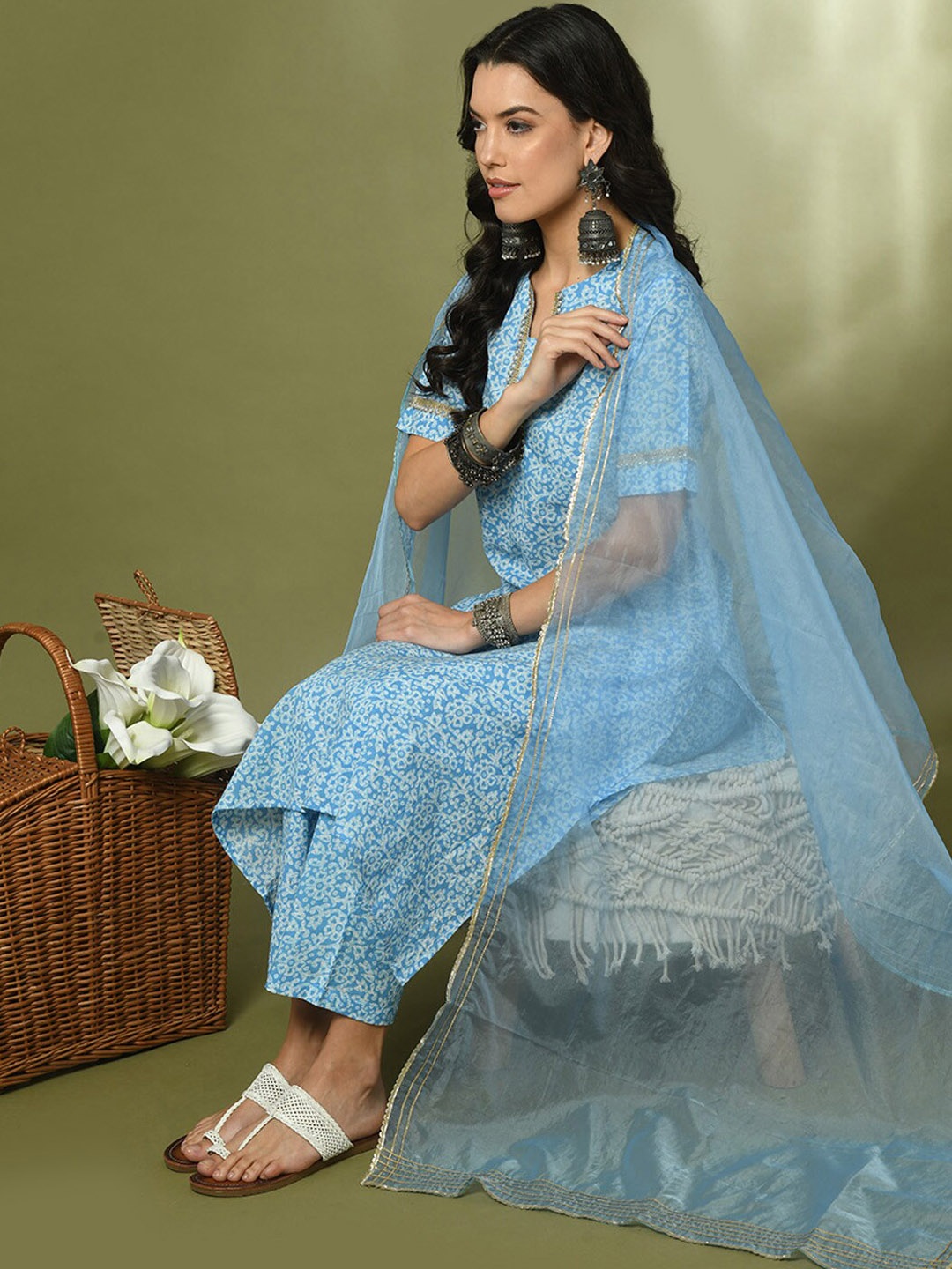 

Sangria Floral Printed Pure Cotton Straight Kurta With Trousers & Dupatta, Blue