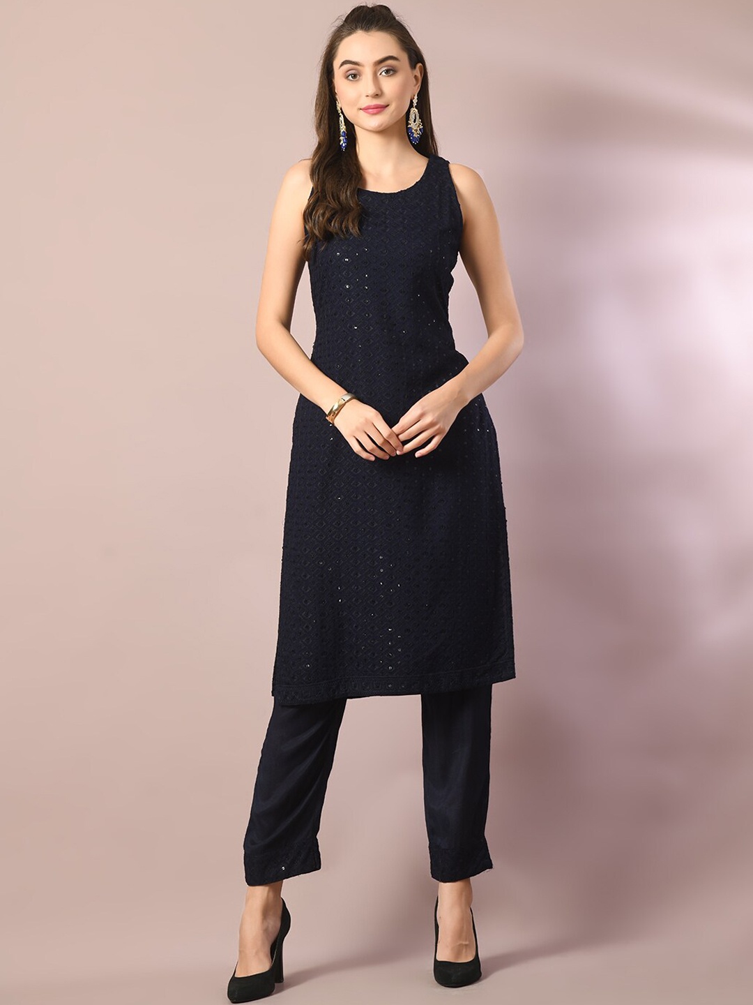 

Sangria Embroidered Pure Cotton Straight Kurta & Trousers, Navy blue