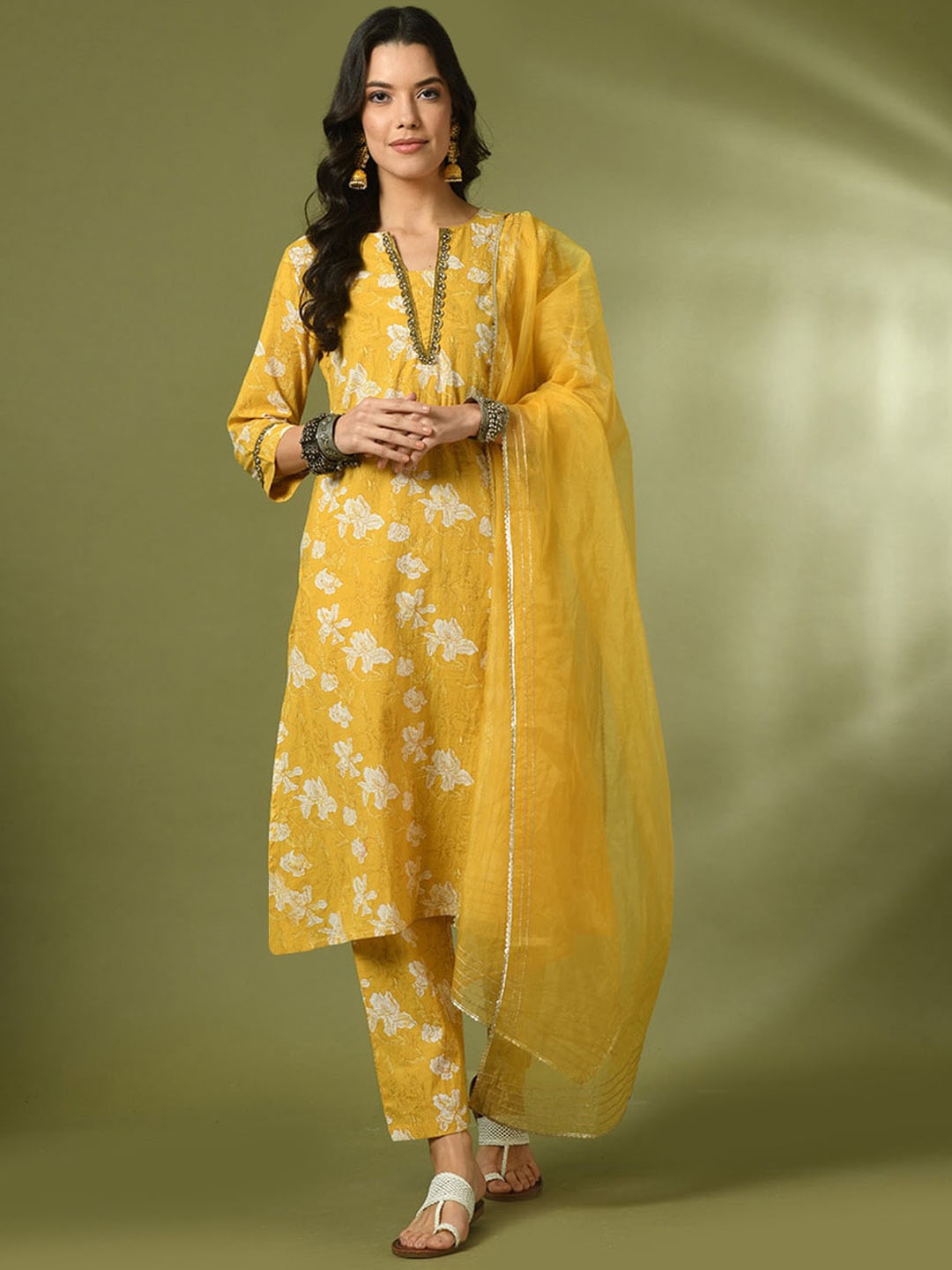 

Sangria Floral Printed Pure Cotton Straight Kurta With Trousers & Dupatta, Yellow