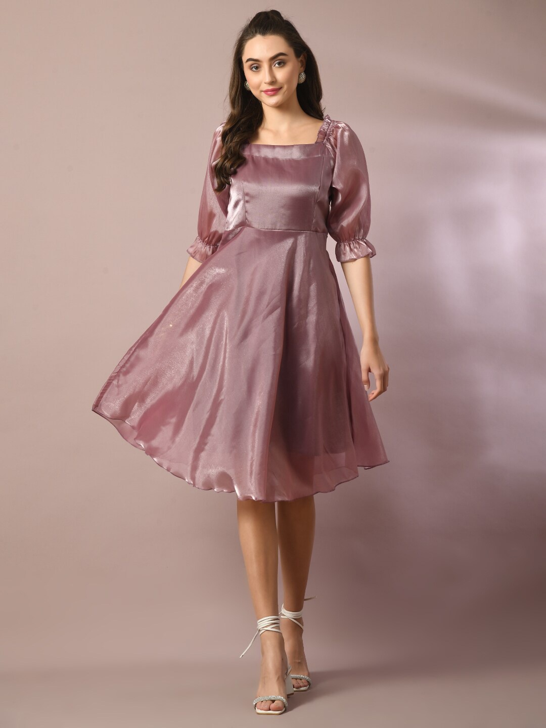 

Sangria Flared Square Neck Flared Sleeve Silk Fit & Flare Dress, Brown