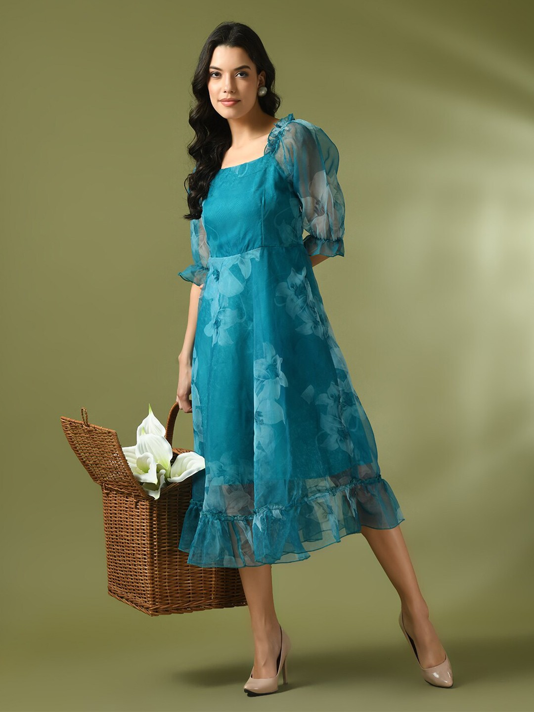 

Sangria Floral Printed Puff Sleeves Square Neck Flounce Fit & Flare Midi Silk Ethnic Dress, Teal