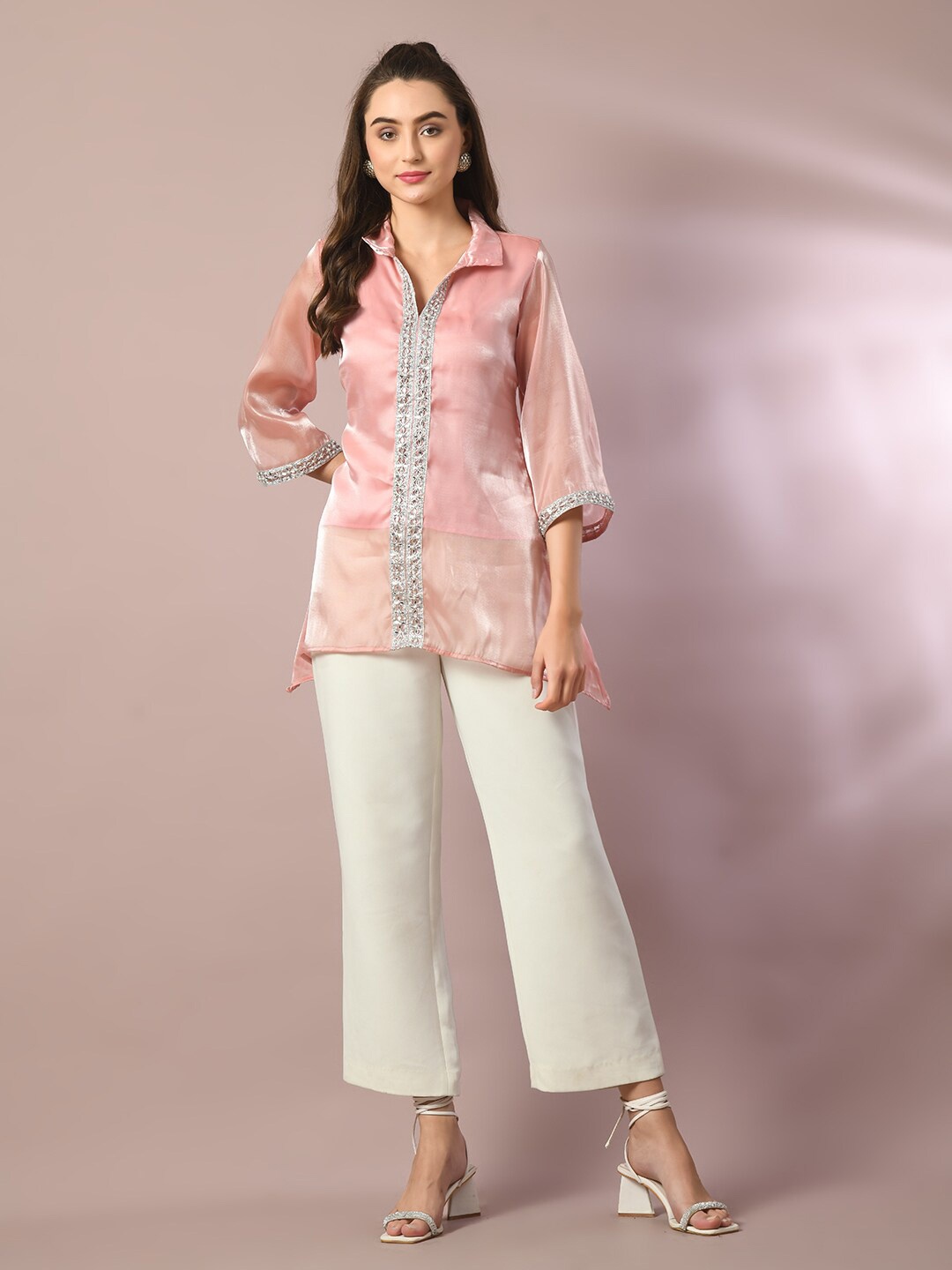 

Sangria Embellished Shirt Style Tunic, Pink