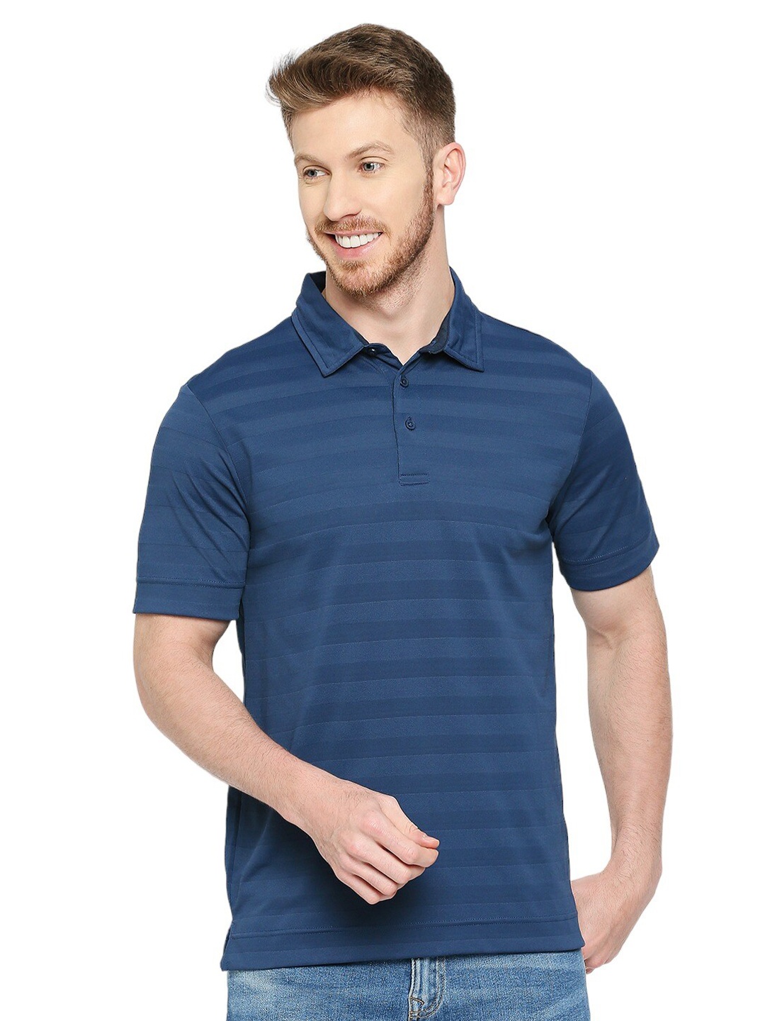

playR Polo Collar Short Sleeves Striped Regular Fit Dri-FIT T-shirt, Navy blue