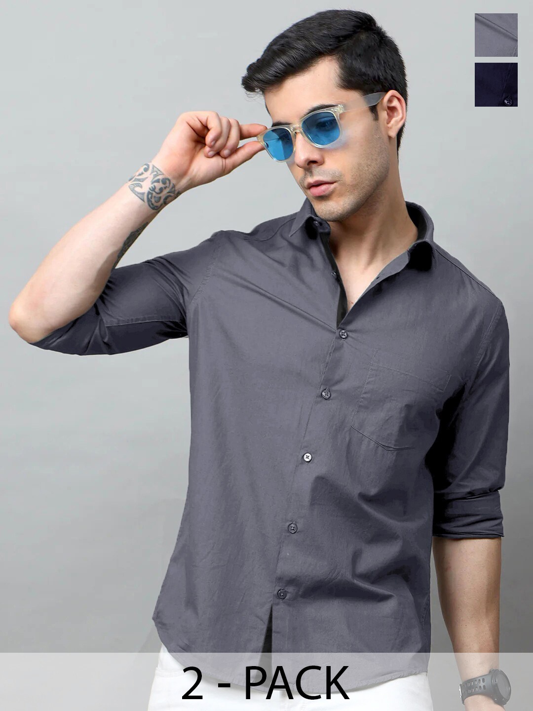 

Tee Projekt Pack of 2 Standard Fit Spread Collar Cotton Casual Shirts, Grey