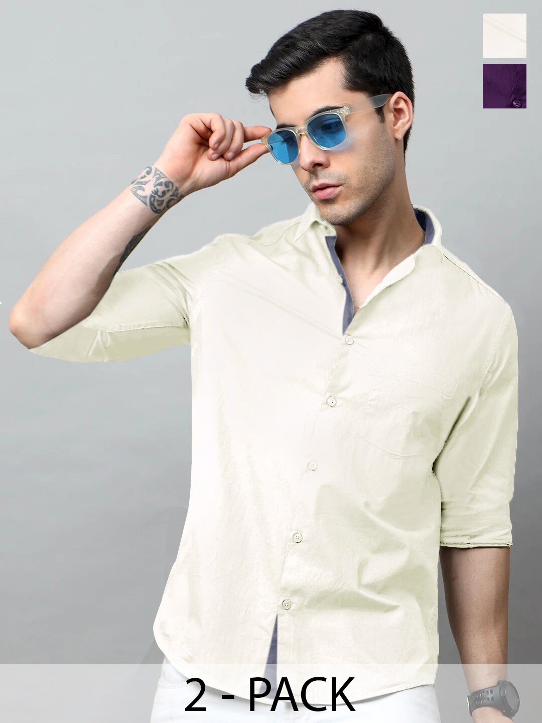 

Tee Projekt Pack of 2 Standard Fit Spread Collar Cotton Casual Shirts, Cream