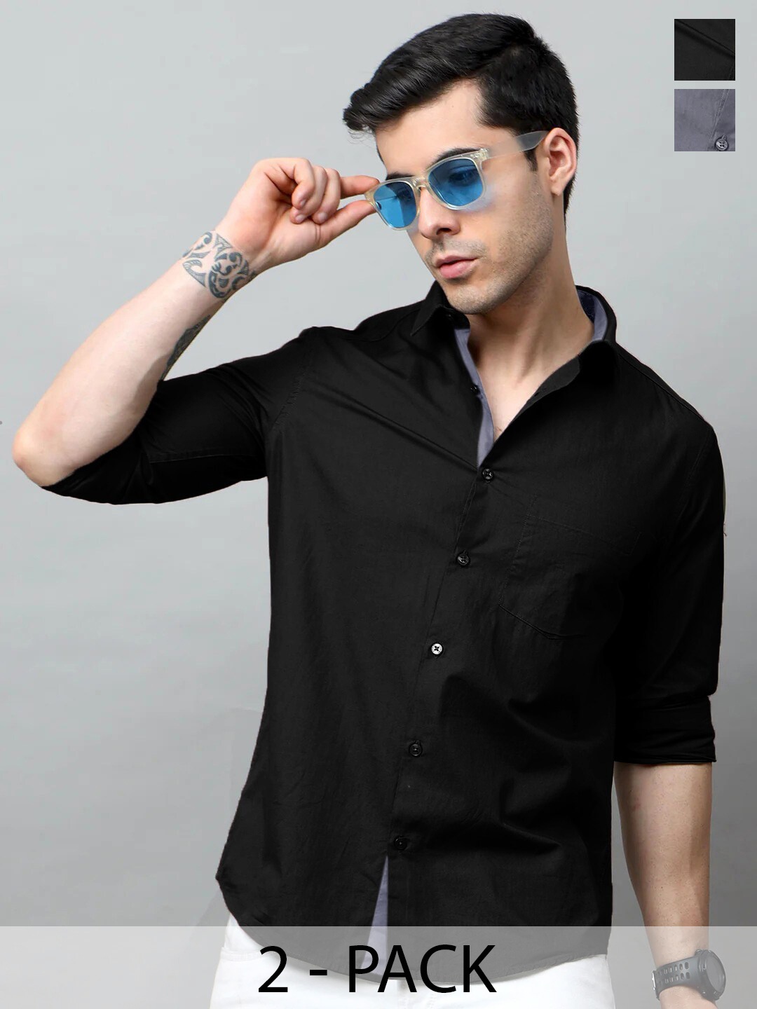 

Tee Projekt Pack of 2 Standard Fit Spread Collar Cotton Casual Shirts, Black