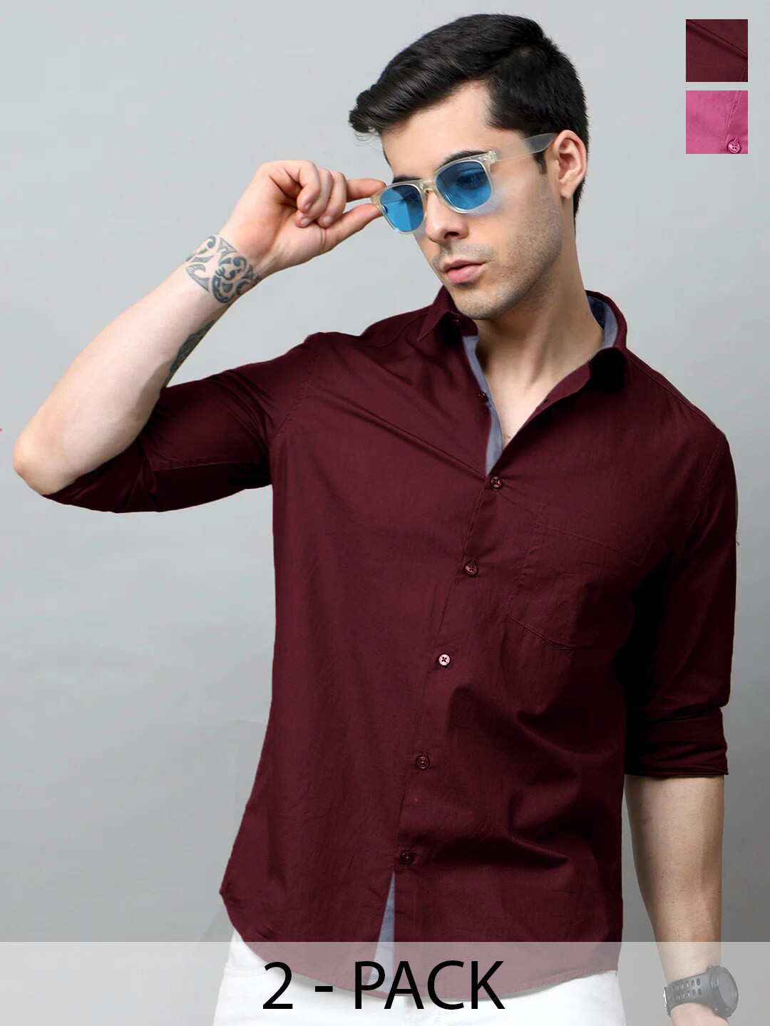 

Tee Projekt Pack of 2 Standard Fit Spread Collar Cotton Casual Shirts, Maroon