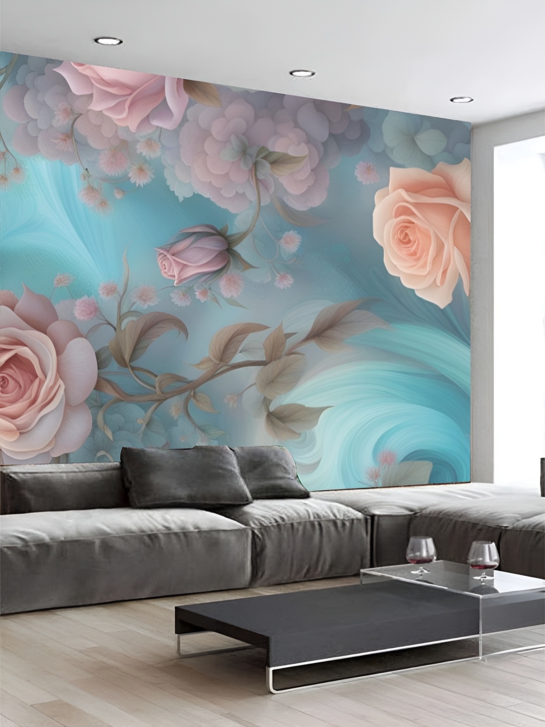 

KSHIRSA Blue & Pink Floral Printed Self-Adhesive 3D Wallpaper