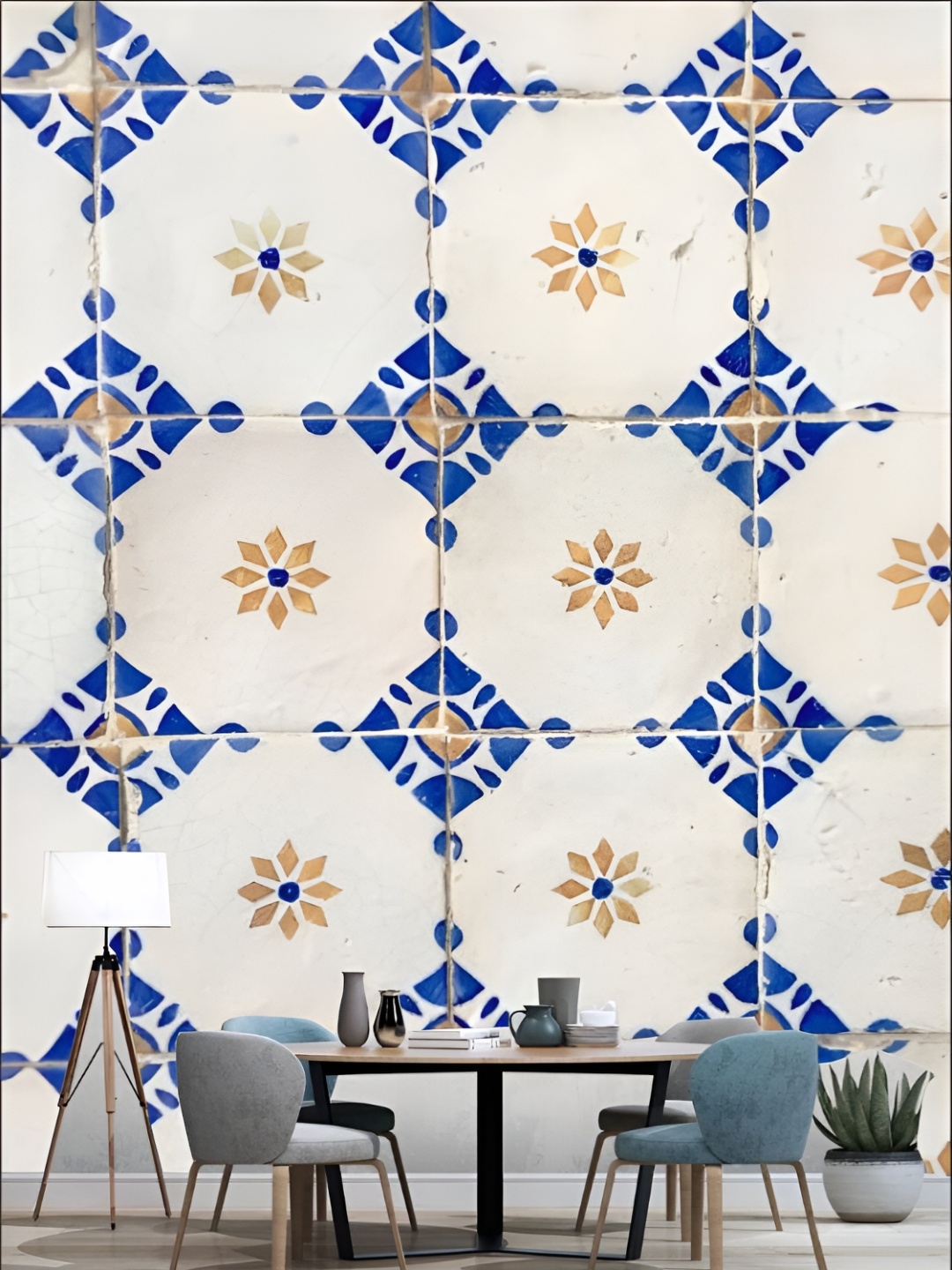 

KSHIRSA Off White & Blue Printed Self-Adhesive 3D Wallpaper