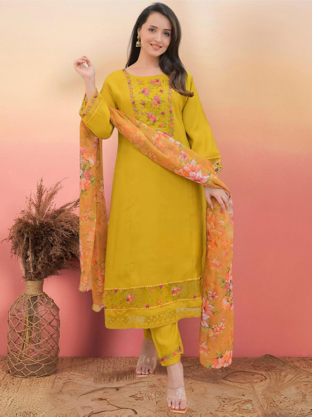 

NIZA FASHION Women Ethnic Motifs Embroidered Regular Thread Work Kurta with Trousers & With Dupatta, Yellow