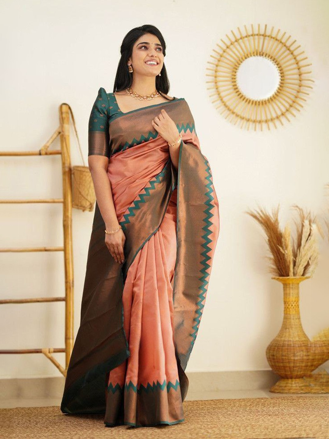 

KALINI Zari Jacquard Kanjeevaram Saree, Peach