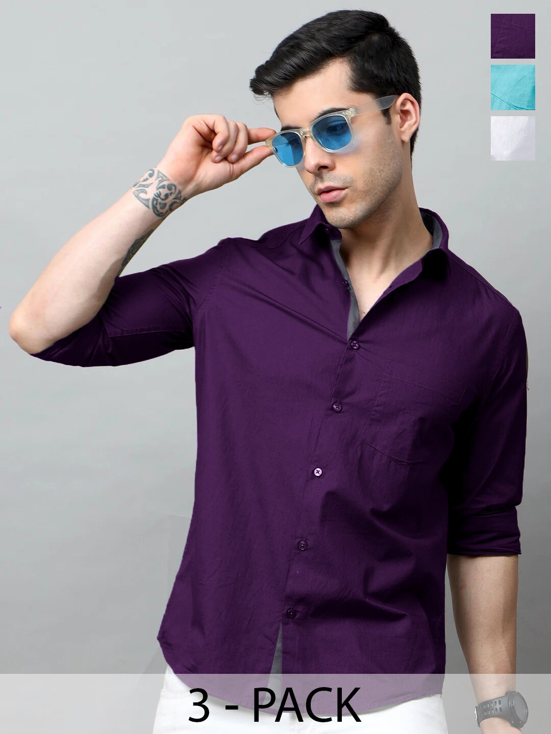 

Tee Projekt Pack of 3 Standard Fit Spread Collar Cotton Casual Shirts, Purple