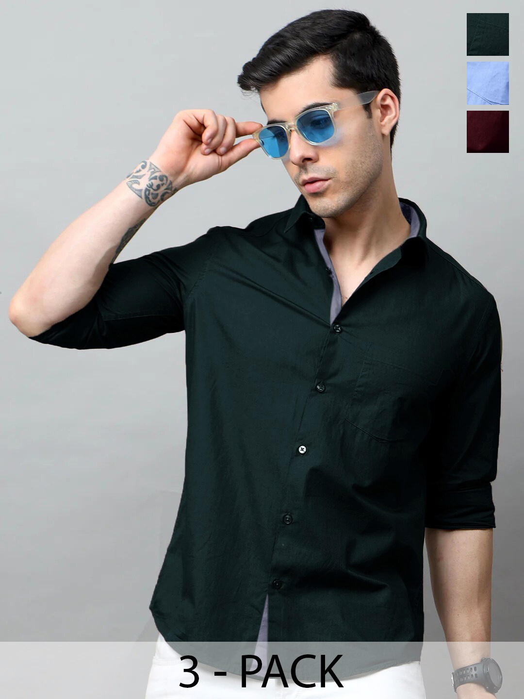 

Tee Projekt Pack of 3 Standard Fit Spread Collar Cotton Casual Shirts, Olive