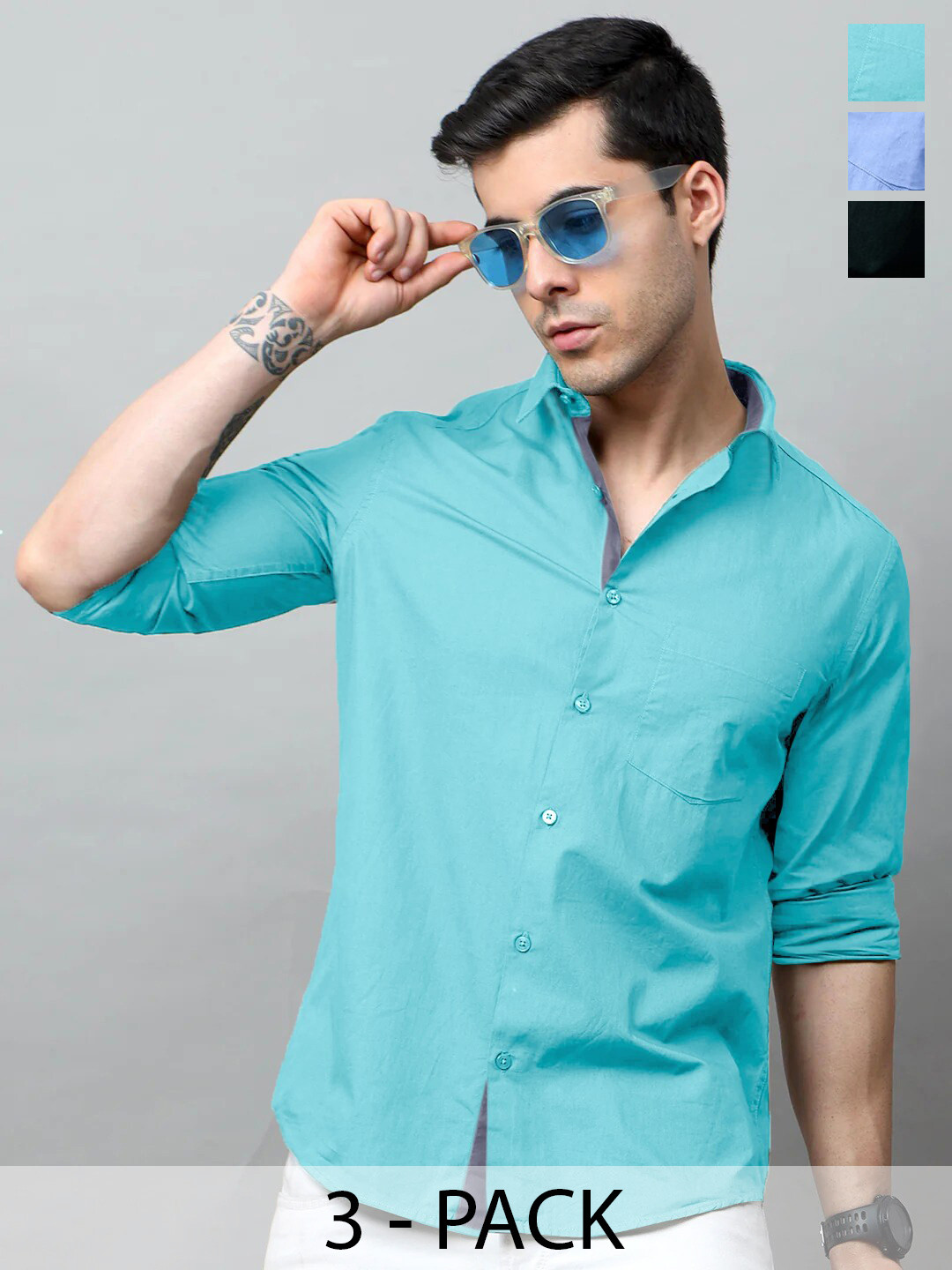 

Tee Projekt Pack of 3 Standard Fit Spread Collar Cotton Casual Shirts, Sea green