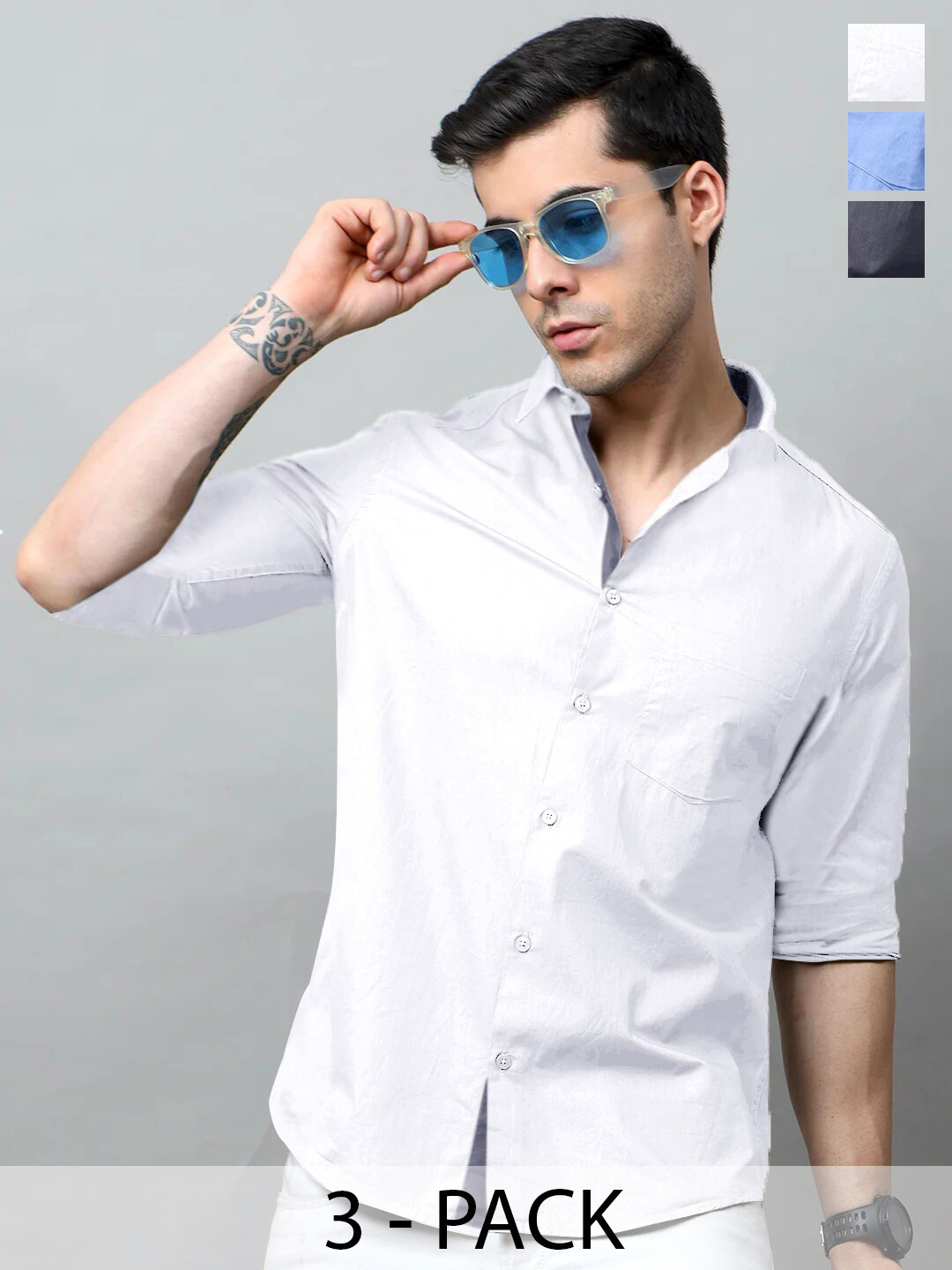 

Tee Projekt Pack of 3 Standard Fit Spread Collar Cotton Casual Shirts, White