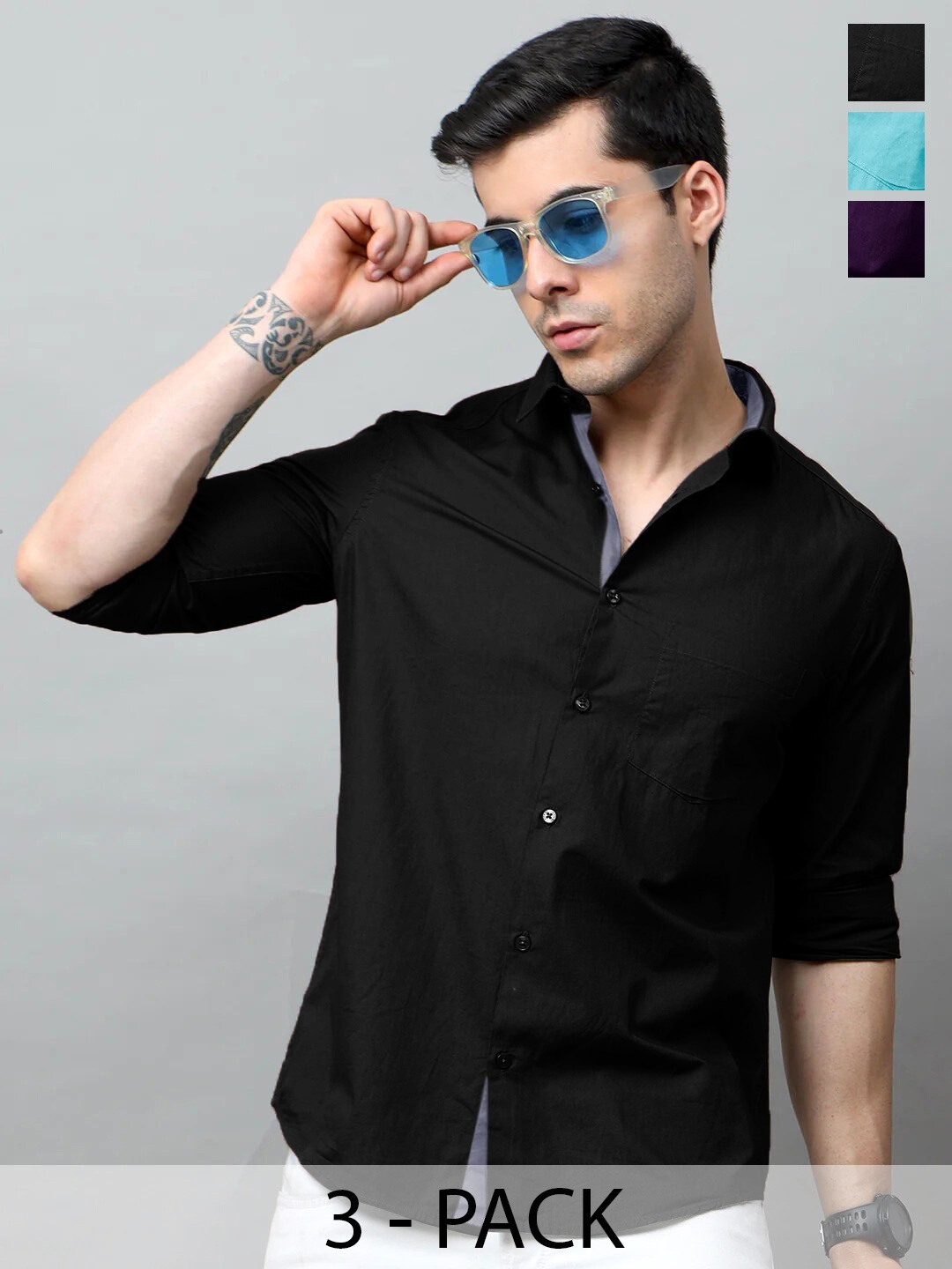 

Tee Projekt Pack of 3 Standard Fit Spread Collar Cotton Casual Shirts, Black