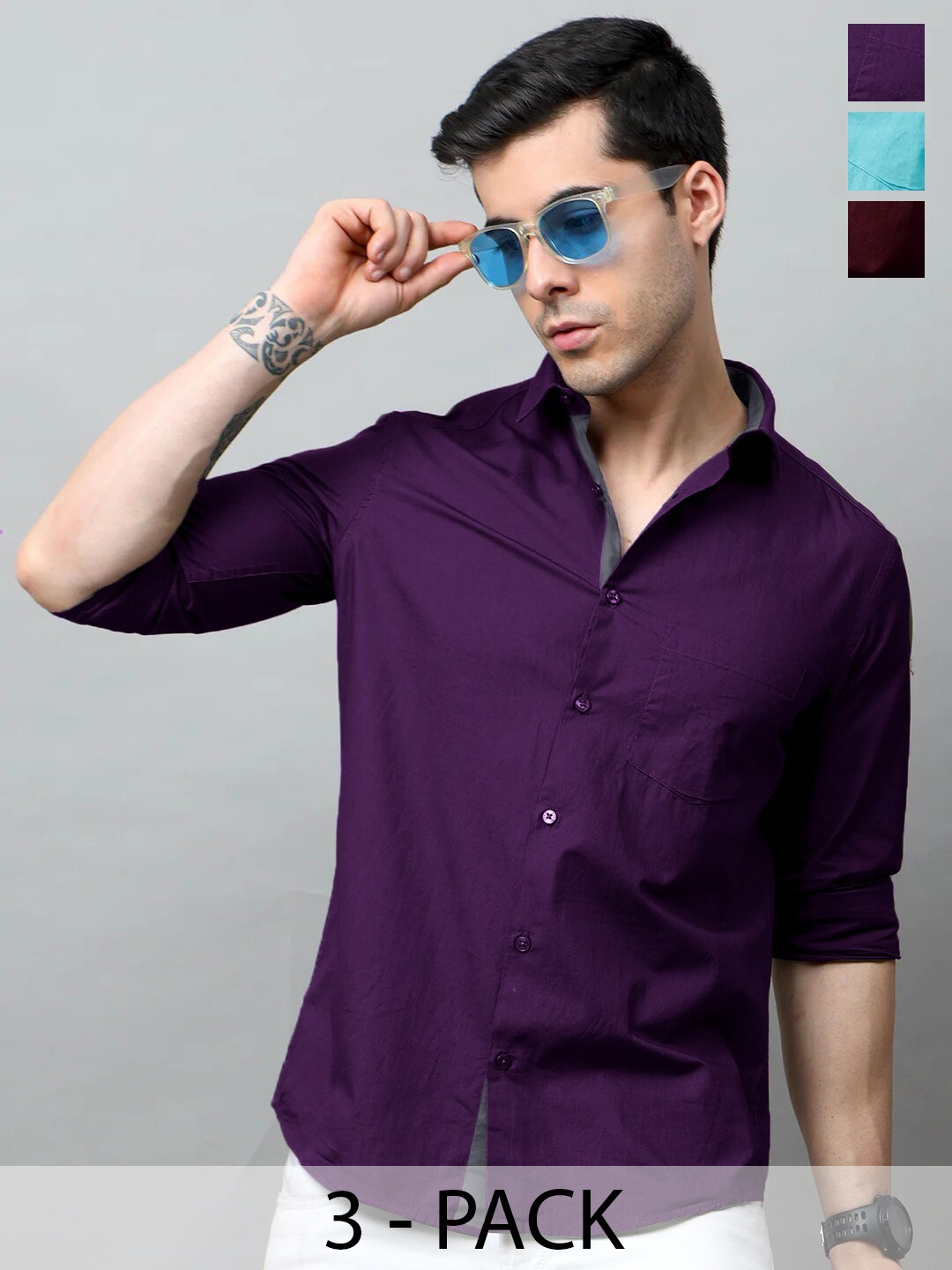 

Tee Projekt Pack of 3 Standard Fit Spread Collar Cotton Casual Shirts, Purple