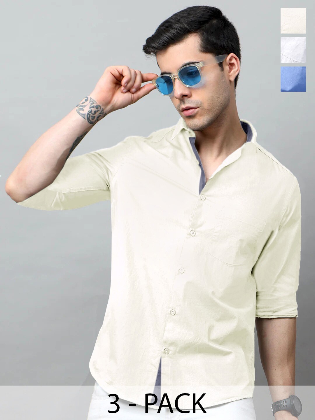 

Tee Projekt Pack of 3 Standard Fit Spread Collar Cotton Casual Shirts, Cream