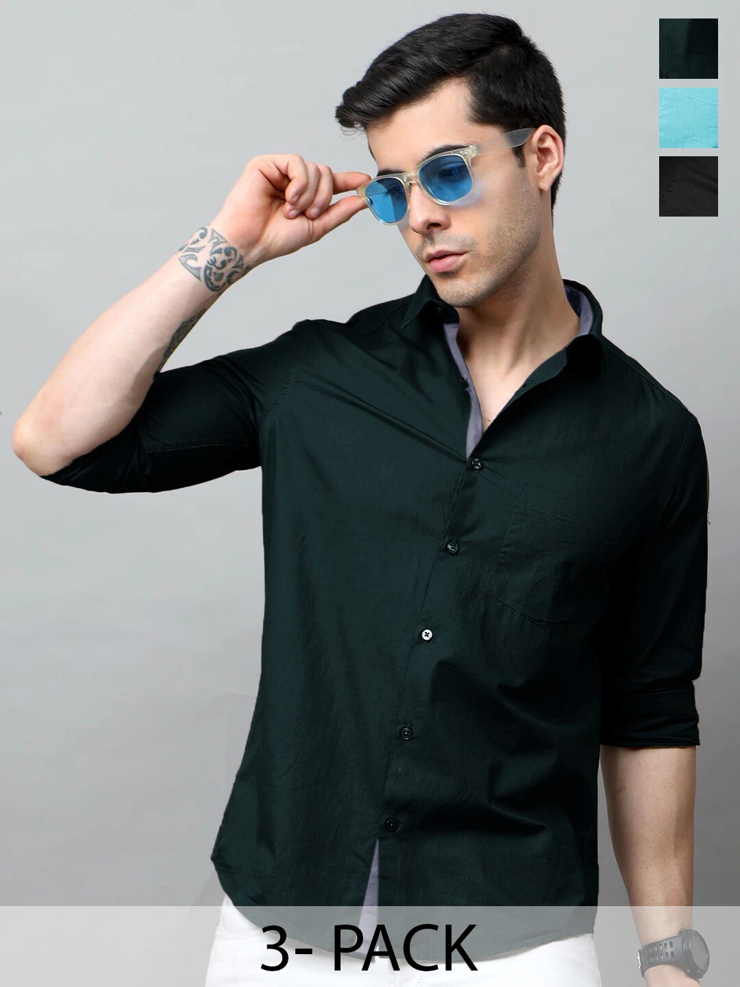 

Tee Projekt Pack of 3 Standard Fit Spread Collar Cotton Casual Shirts, Olive