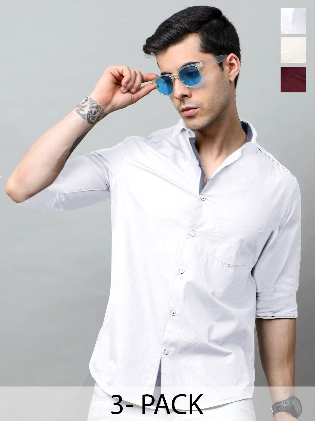 

Tee Projekt Pack of 3 Standard Fit Spread Collar Cotton Casual Shirts, White