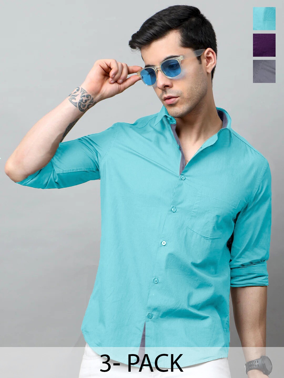 

Tee Projekt Pack of 3 Standard Fit Spread Collar Cotton Casual Shirts, Blue