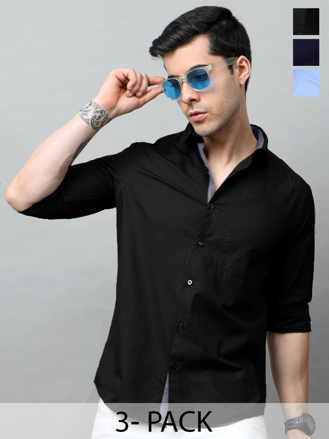 

Tee Projekt Pack of 3 Standard Fit Spread Collar Cotton Casual Shirts, Black