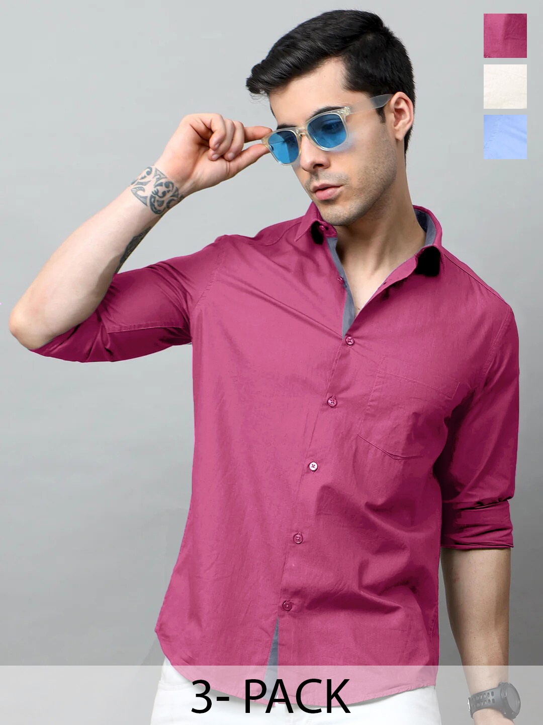 

Tee Projekt Pack Of 3 Standard Opaque Spread Collar Chest Pocket Cotton Formal Shirt, Pink