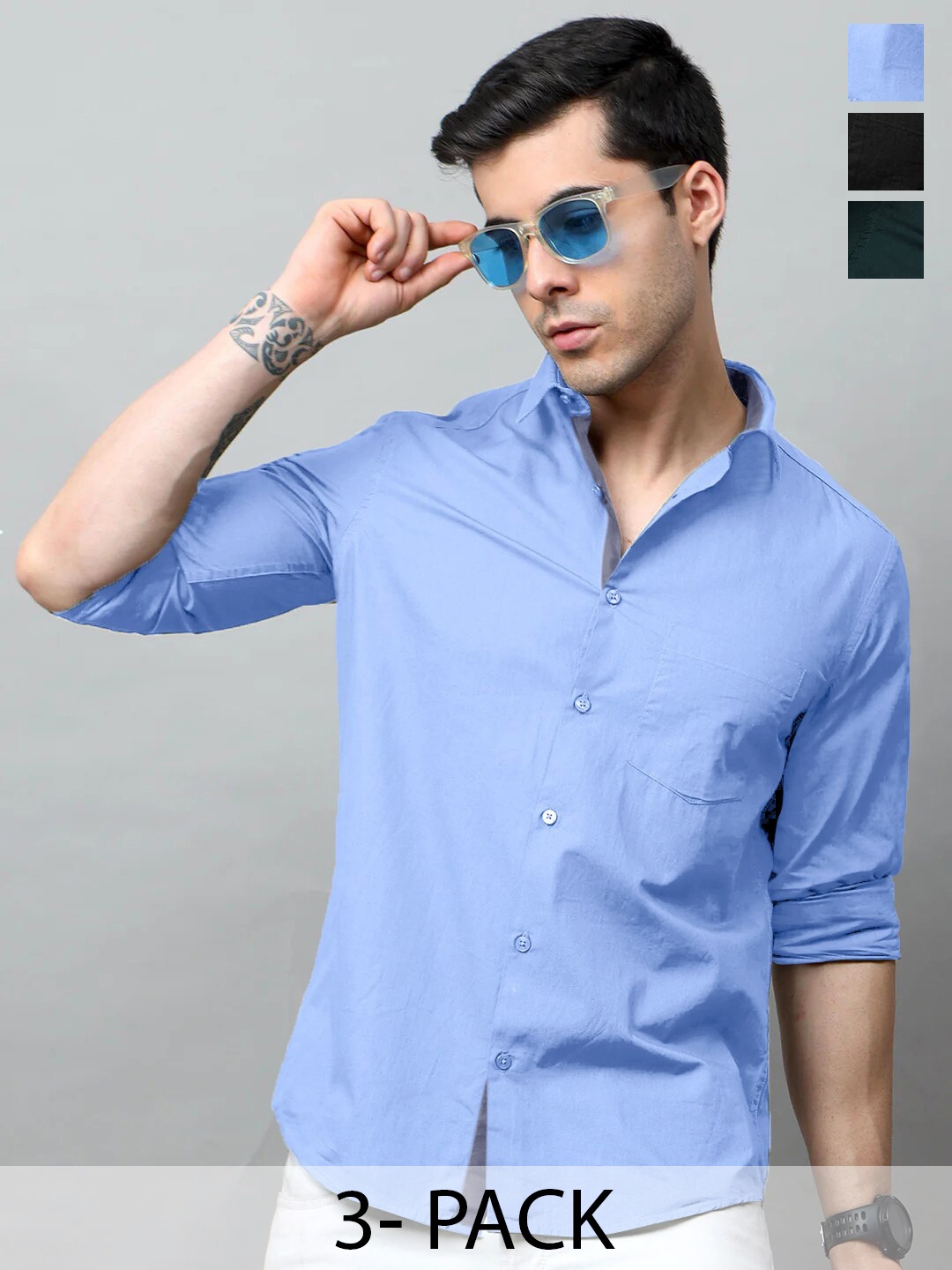 

Tee Projekt Pack of 3 Standard Fit Spread Collar Cotton Casual Shirts, Blue