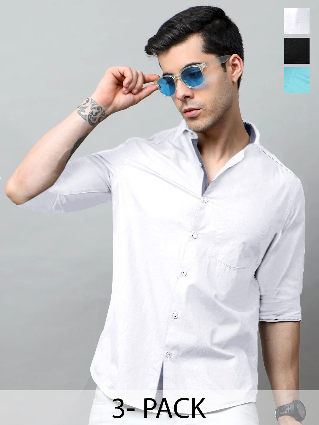 

Tee Projekt Pack of 3 Standard Fit Spread Collar Cotton Casual Shirts, White