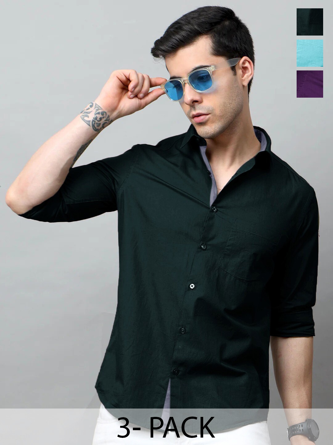 

Tee Projekt Pack of 3 Standard Fit Spread Collar Cotton Casual Shirts, Olive