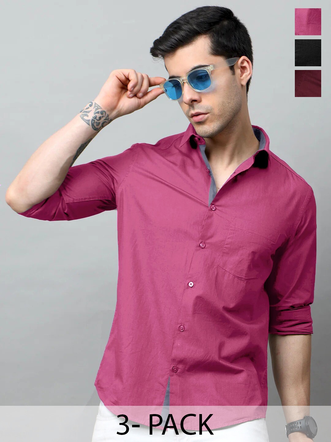 

Tee Projekt Pack of 3 Standard Fit Spread Collar Cotton Casual Shirts, Pink