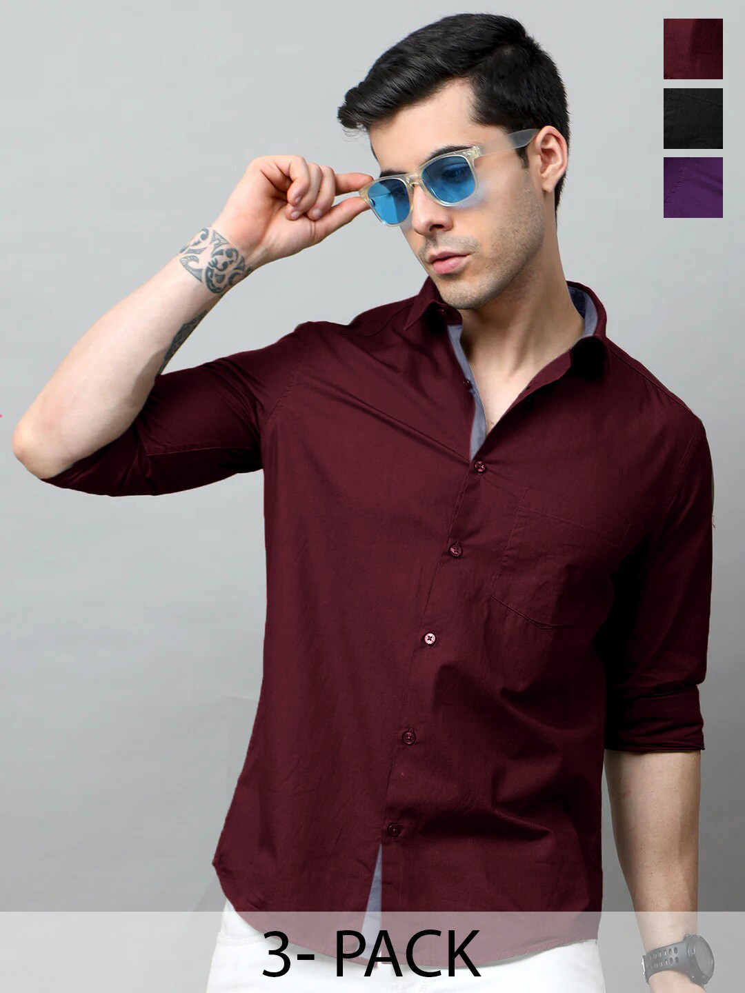 

Tee Projekt Pack of 3 Standard Fit Spread Collar Cotton Casual Shirts, Maroon