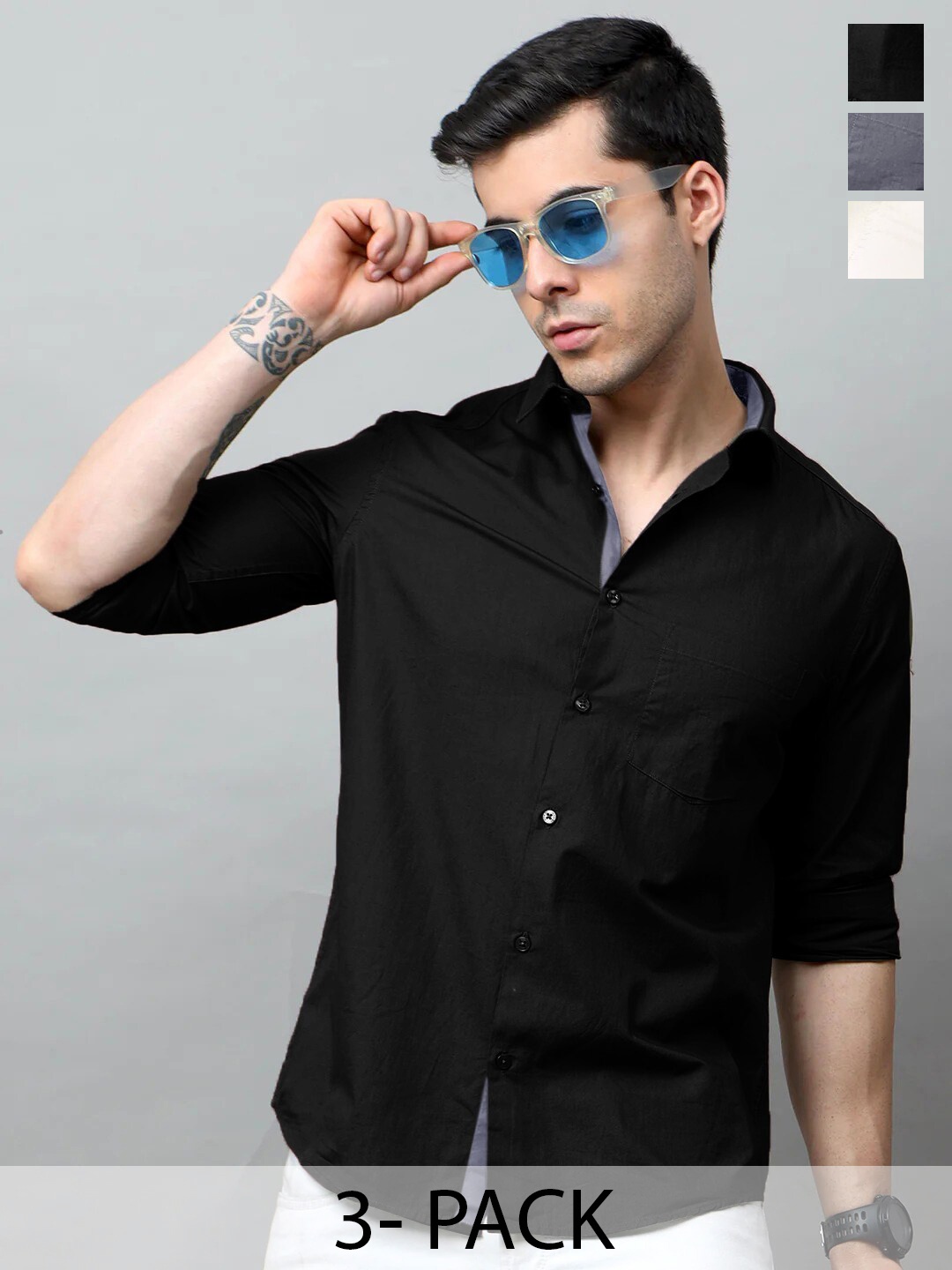 

Tee Projekt Pack of 3 Standard Fit Spread Collar Cotton Casual Shirts, Black