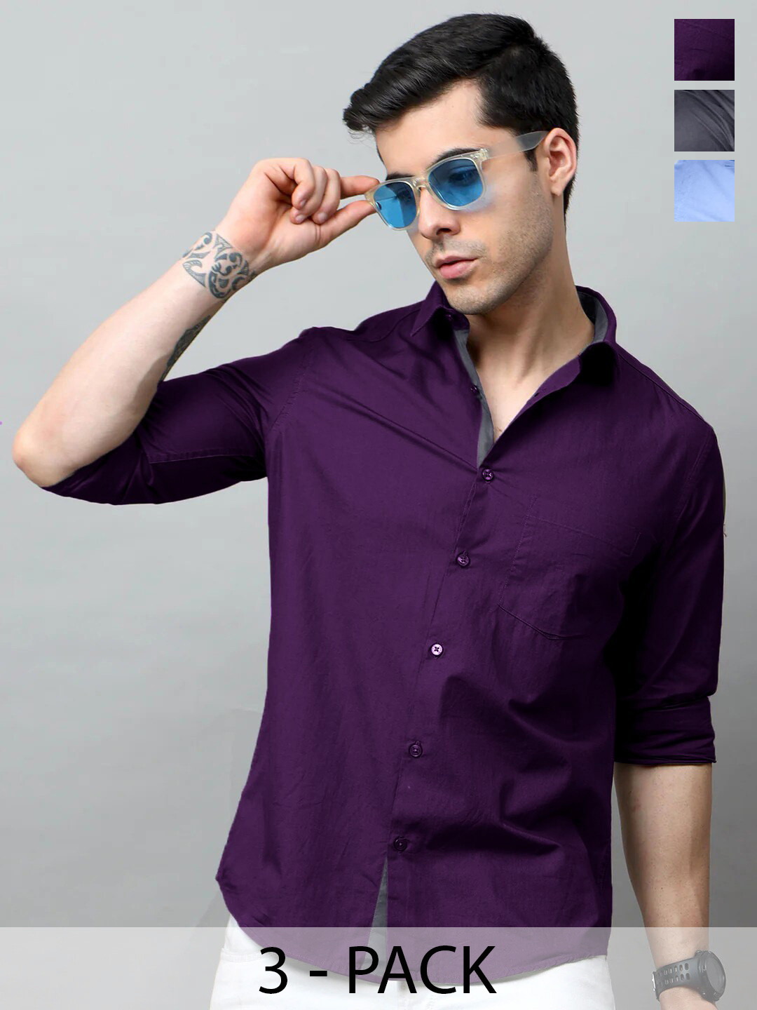 

Tee Projekt Pack of 3 Standard Fit Spread Collar Cotton Casual Shirts, Purple