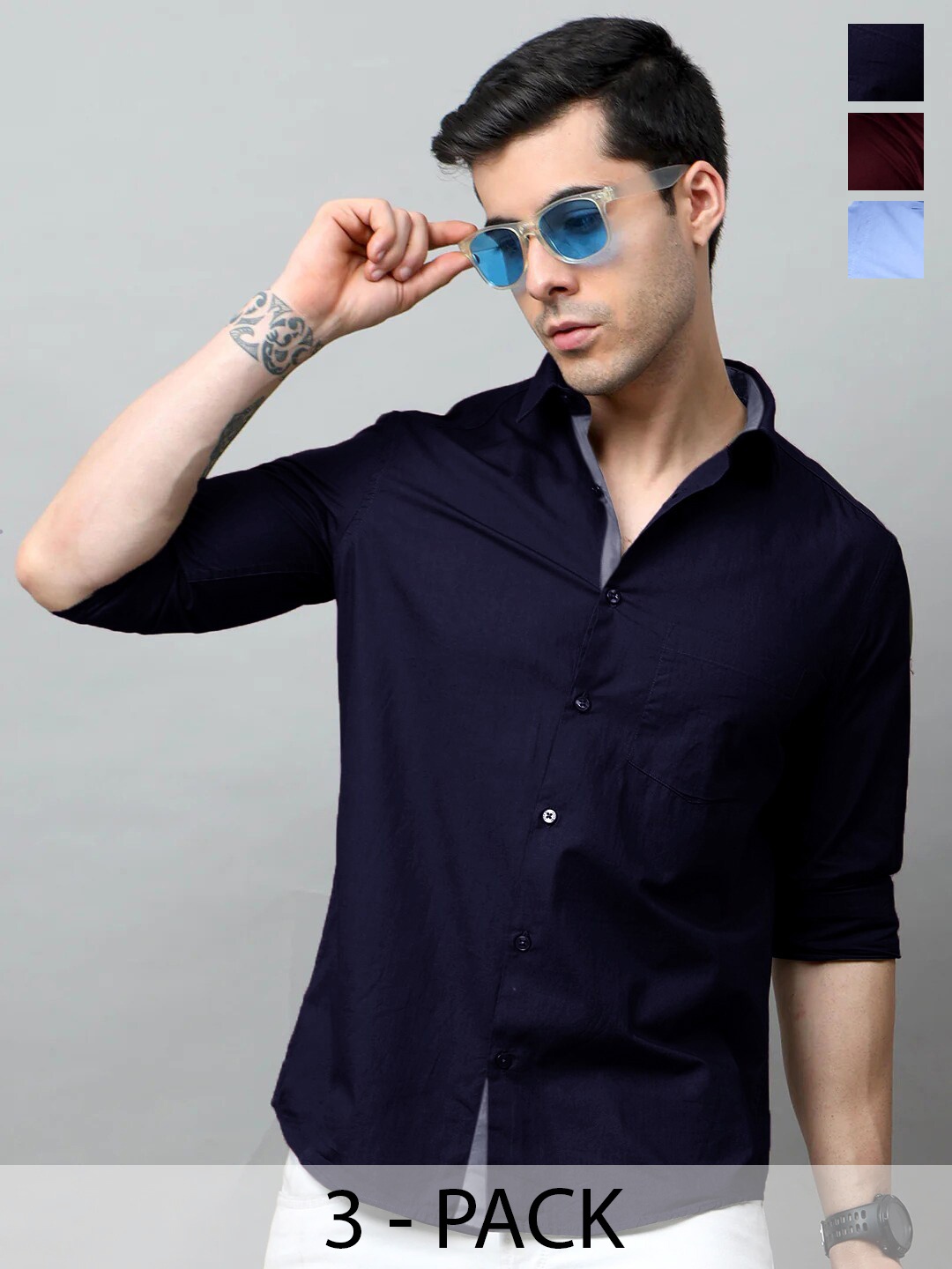 

Tee Projekt Pack of 3 Standard Fit Spread Collar Cotton Casual Shirts, Navy blue
