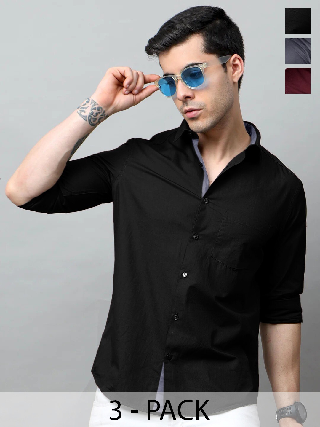 

Tee Projekt Pack of 3 Standard Fit Spread Collar Cotton Casual Shirts, Black