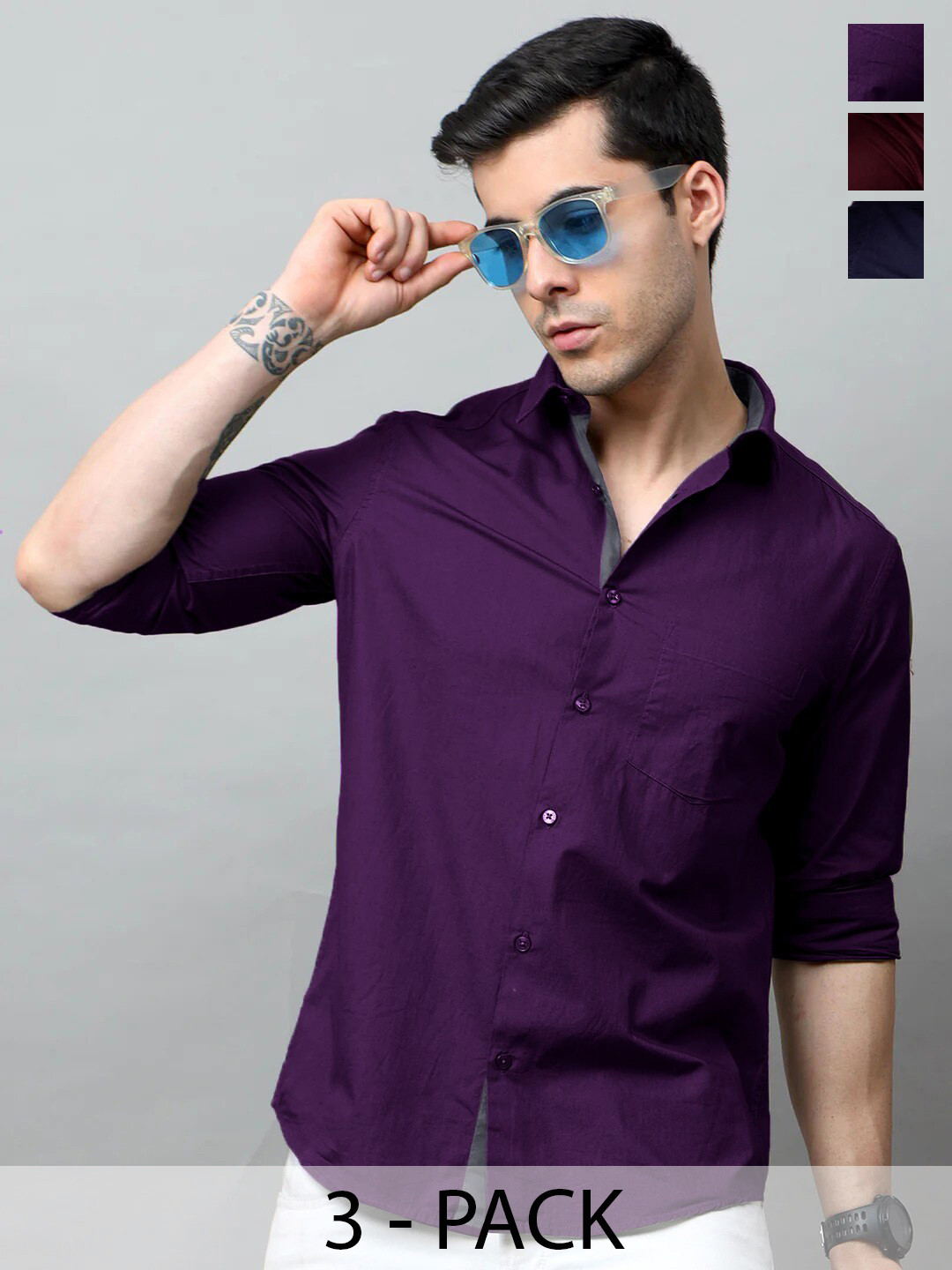 

Tee Projekt Pack of 3 Standard Fit Spread Collar Cotton Casual Shirts, Purple