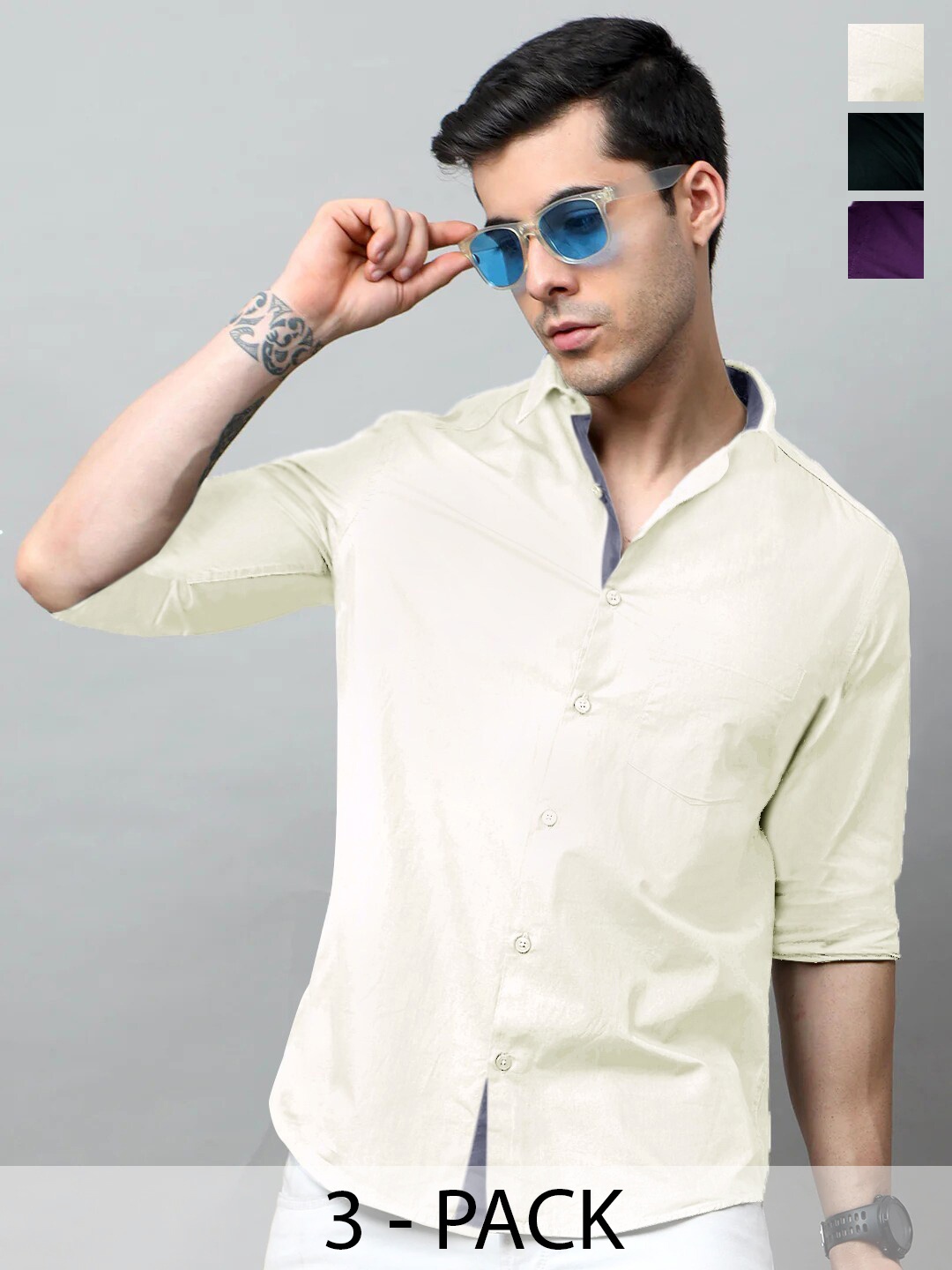 

Tee Projekt Pack of 3 Standard Fit Spread Collar Cotton Casual Shirts, Cream