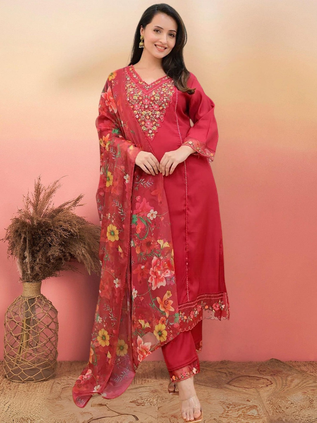 

KALINI Floral Embroidered Panelled Kurta with Trousers & Dupatta, Red