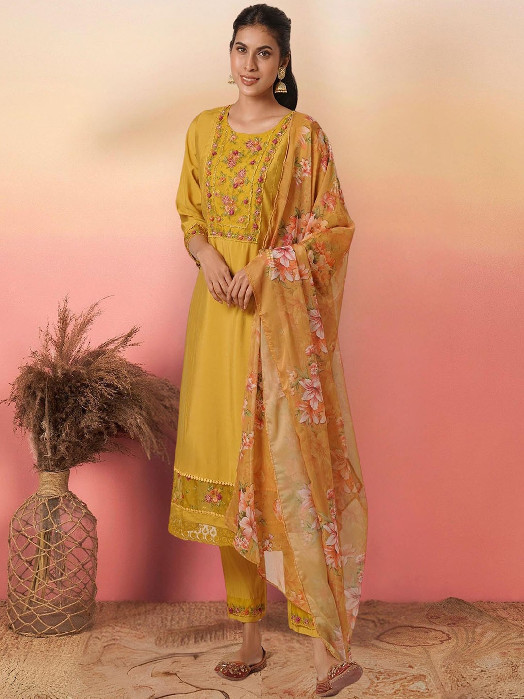 

KALINI Ethnic Motifs Embroidered A-Line Kurta with Trousers & Dupatta, Yellow