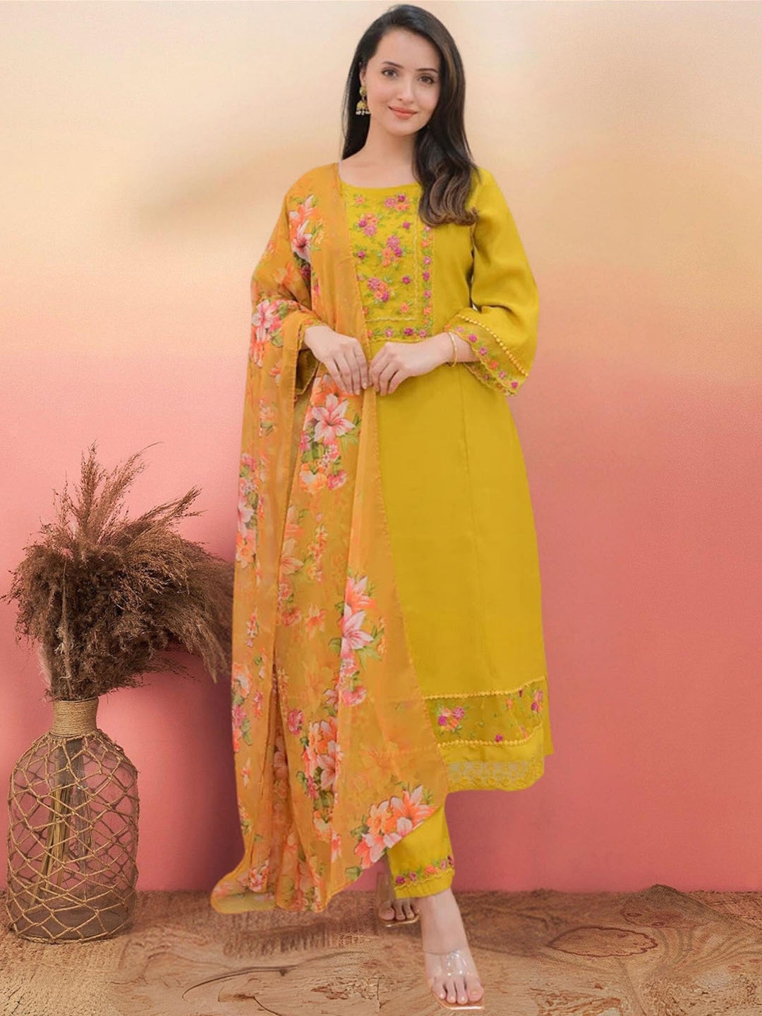 

KALINI Ethnic Motifs Embroidered Kurta with Trousers & Dupatta, Yellow