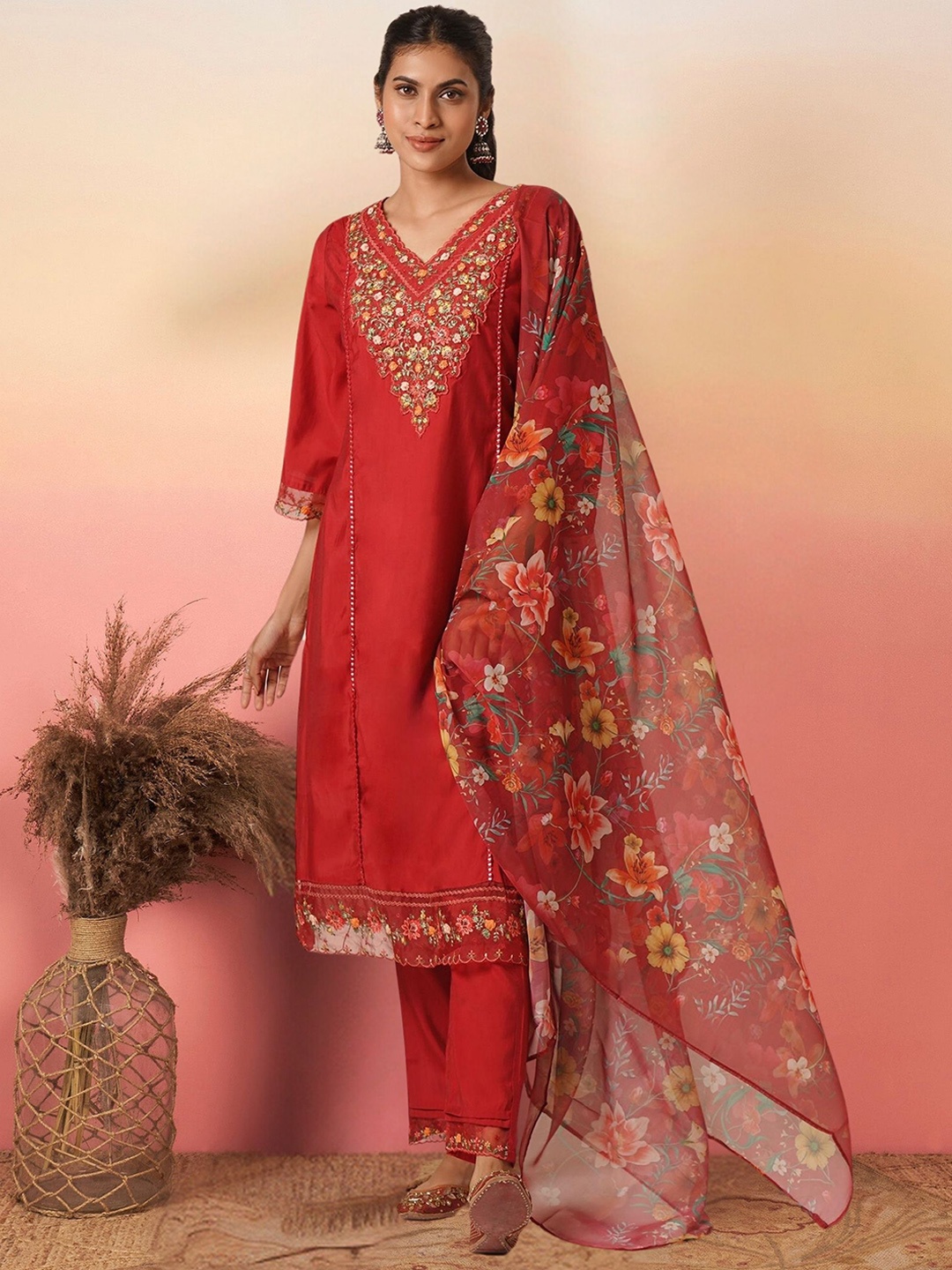 

KALINI Floral Embroidered V-Neck Kurta with Trousers & Dupatta, Red