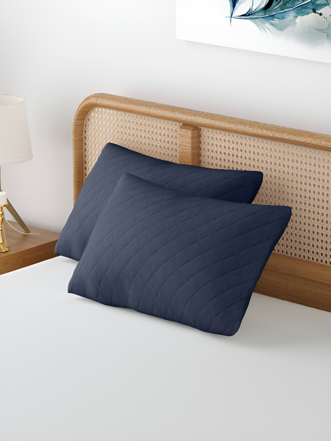 

CURIOUS LIFESTYLE 2 Pieces Geometric Self Design Pure Cotton Rectangle Pillow Covers, Navy blue